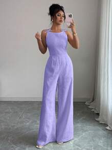 Elenzga 女士优雅连体裤，肩部蝴蝶结装饰，提花面料，收腰，阔腿，适合日常通勤 - 紫色 - 查看 4