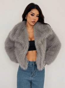 SHEIN PETITE 女款秋冬純色寬鬆大領長袖人造毛皮夾克灰色毛皮外套冬季外套，適合嬌小女性 - 灰色 - 查看 3