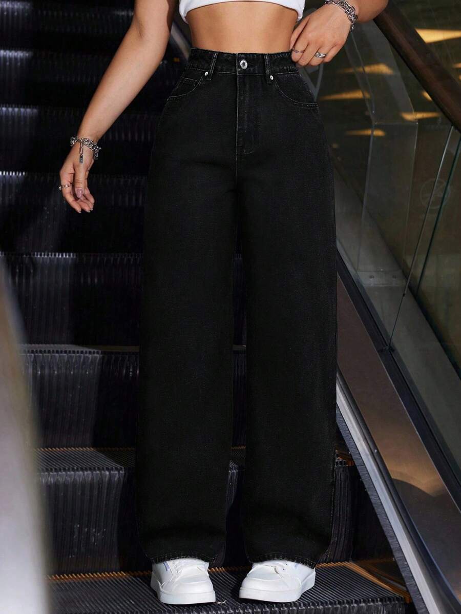 SHEIN ICON 女士口袋宽松阔腿休闲百搭牛仔裤 - 黑色 - 查看 1