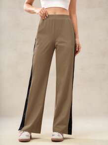 OutZeal Pantalon large à fente latérale avec blocs de couleurs stretch et toucher frais, pour un usage quotidien et décontracté pour femmes - Tabac - Voir 11
