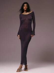 MUSERA Sheer Slash Neck Extreme Open Back Sequin Knit Fitted Long Sleeve Maxi Fall Winter Autumn Summer Vacation Holiday Night Out Date Night Wedding Guest Birthday Club Sexy Brunch Going Out Cruise Party Elegant Ibiza Occasion Girly Cute - Purple - View 1