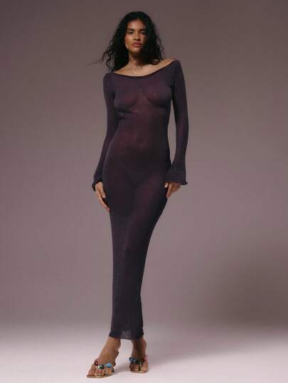 MUSERA Vestido maxi de manga larga con cuello en V transparente, espalda muy abierta, tejido de punto con lentejuelas, para vacaciones de verano, salida nocturna, fiesta de boda, cumpleaños, club, brunch, crucero, fiesta elegante, Ibiza, ocasión femenina y linda, festival