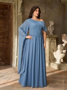 Aureia Váy phù dâu chữ A tay dài cổ lệch màu xanh lam lãng mạn thanh lịch cỡ lớn - Màu xanh bụi bặm - Xem 8