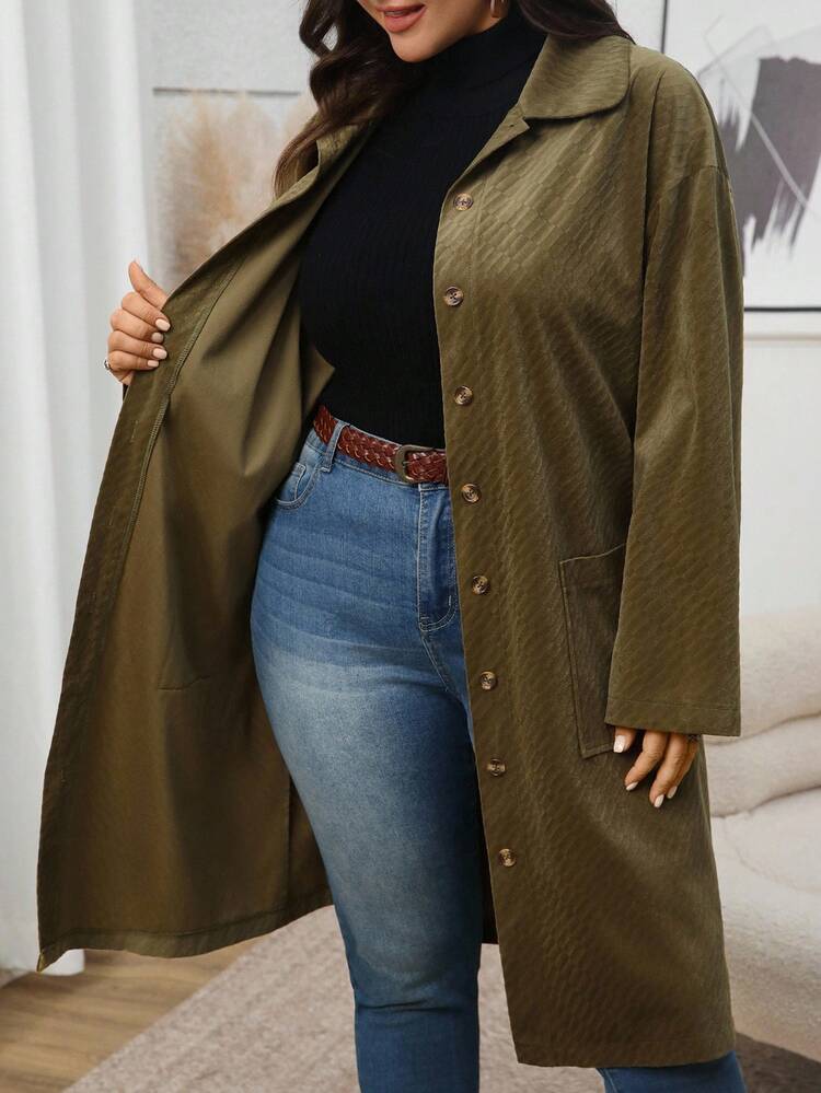 Plus Size Women's Green Country Casual Corduroy Single Breasted Long Jacket Coat With Pockets Fall Clothes For Women Winter Clothes Autumn