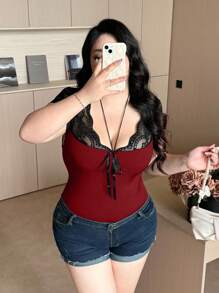 Vibekara Bow Lace Patchwork Tie Knot Short Sleeve T-Shirt, Fitted Slim Fit Cropped Camisole Top, Spring, Nude Color