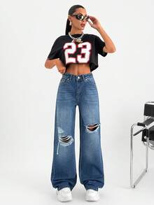 EURMUSE Lässige, vielseitige Damen Jeans mit abgenutzter Knopfleiste und Schlagjeans-Bein - Mittele Waschung - Übersicht 1