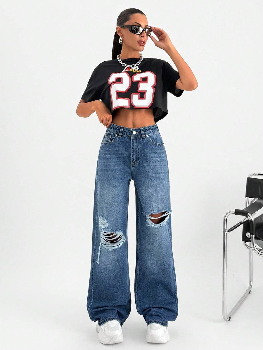 EURMUSE Lässige, vielseitige Damen Jeans mit abgenutzter Knopfleiste und Schlagjeans-Bein - Mittele Waschung - Übersicht 1