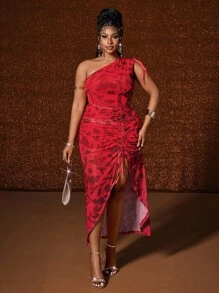 Maweii Plus Size Women's Floral Print Sleeveless Drawstring Waist Side Slit Hem Fashion Maxi Dress - Red - View 4