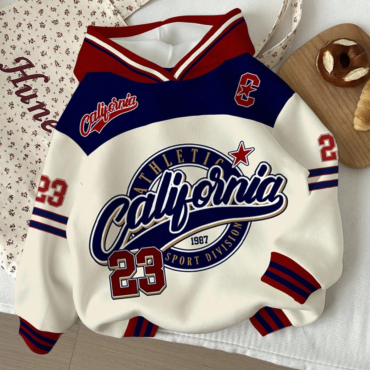 Sudadera holgada de cuello redondo de manga larga con gráfico de letras y números retro para niña preadolescente, estilo deportivo universitario, c