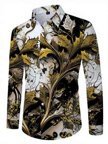 Manfinity AFTRDRK 男士复古花卉图案印花长袖衬衫，适合春秋季节，休闲舒适衬衫可作为礼物，男士真丝衬衫，男士奢华衬衫，男士设计师衬衫，黑色和金色正装衬衫。送给男朋友或丈夫的绝佳礼物。 - 彩色 - 查看 1