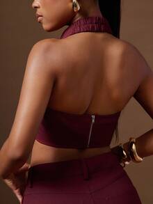 Denimoi Open Front Cropped Halter Top With Gold Hardware Detail, Date Night GNO Dinner - Burgundy - View 4