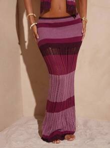 Hauture 女士条纹镂空设计超长时尚针织中长裙 - 紫色 - 查看 4