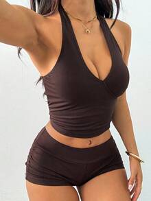 SHEIN PETITE 2 Pieces Women's Camisole And Shorts Pajama Set Burgundy - Brown - View 6