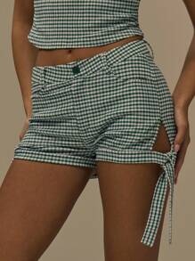 MUSERA 格纹系带迷你短裤，秋季可爱街头风，适合节日、农舍乡村风、复古风等各种场合，优雅时尚，适合派对、复活节、夏季假期等各种节日 - 彩色 - 查看 1