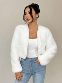SHEIN PETITE Women's Solid Color Elegant Fashion Faux Fur Long Sleeve Jacket, Autumn/Winter White Faux Fur Jacket