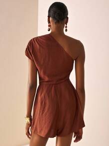 Zivah 20  Summer New Vacation Solid Brown One Shoulder Pleated Short Women Jumpsuit, Suitable For Graduation Outfit, Independence Day, Vacation, Boho, Travel, Daily Outing, Brunch Outfit, Airport Outfit - Brown - View 2