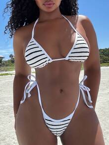 Alexandranx Dams Summer Beach Randig Halter Neck Tie Bikini Set, Micro Triangle Bikini Set - Svart och Vitt - Visa 3
