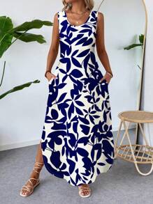 EMERY ROSE Plus Size Leaf Print Sleeveless Curved Hem Graphic Print Dress, Suitable For Spring/Summer,Holiday Outfits For Women - Multicolor - View 3