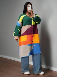 Slaydiva 大码休闲撞色拼接开衫，秋冬彩色长款开衫毛衣，彩虹色针织衫 - 彩色 - 查看 5