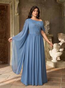 Aureia Váy phù dâu chữ A tay dài cổ lệch màu xanh lam lãng mạn thanh lịch cỡ lớn - Màu xanh bụi bặm - Xem 3