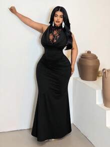 Maweii 2025 Damen Große Größen Elegantes, sexy Kleid mit tiefem Ausschnitt, ärmellos, einfarbig, figurbetonter Fischschwanz-Schnitt, vielseitig für Party, Date, Anlässe - Schwarz - Übersicht 5