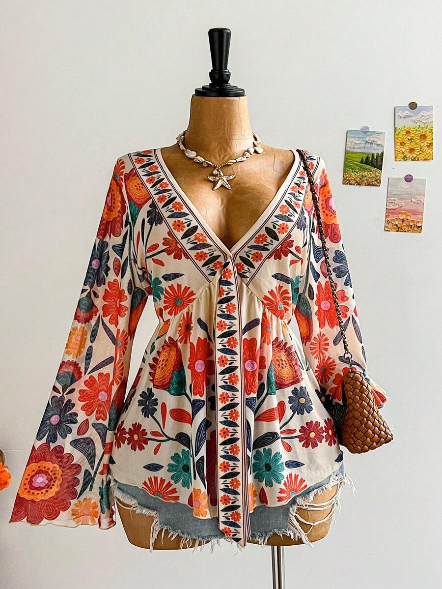 Soleia Plus Size Women's Vacation Knit Mesh Vintage Floral V-Neck Long Flare Sleeve Front Tie Blouse,Fall Clothes For Women - Multicolor - View 1