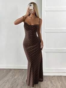 SHEIN EZwear Váy không tay chấm bi đen dành cho nữ - màu nâu - Xem 3