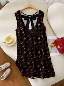 Veykashi 大码女式樱桃印花系腰无袖休闲 A 字裙，适合假日、海滩度假、迷你裙 - 彩色 - 查看 6