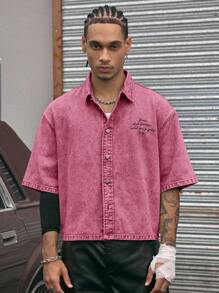 AXEPEAK Turndown Collar Short Sleeve Loose Fit Cropped Printed Men's Shirt