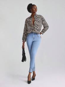 Slaydiva Women's Slim Fit Solid Color Cuffed Metal Chain Decor Versatile Fashion Jeans - Blue - View 7