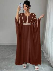 Elenzga 大码女式蝙蝠袖V领拼接腰带宽松连衣裙 - 咖啡棕 - 查看 3