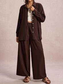 SHEIN LUNE 大码度假休闲纯色衬衫和裤子两件套 - 咖啡棕 - 查看 3