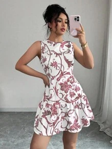 Elenzga 最新款花卉印花圆领无袖收腰女式迷你连衣裙，春夏 - 紅色 - 查看 5