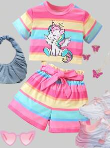 SHEIN Genkimix Kids 女孩獨角獸印花彩虹條紋短袖t卹+短褲套裝