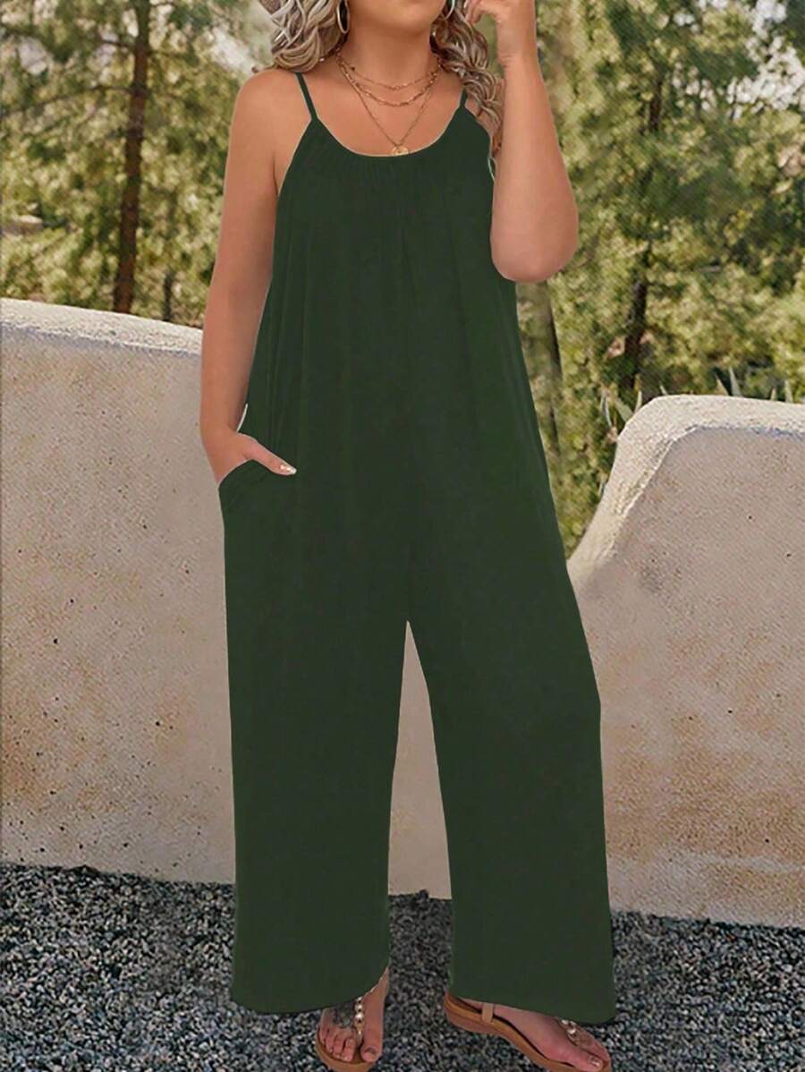 SHEIN Tall 大码女式夏季休闲无袖可调节细肩带阔腿波西米亚风连体裤