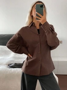 DAZY Women's Solid Color Loose Split Button Waist Long Sleeve Casual Elegant Blouse, Spring/Autumn,Fall Women Clothes - Coffee Brown - View 7