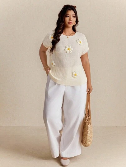 Elaquor Plus Size Women 3D Floral Decor Batwing Short Sleeve Knit Top