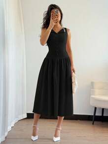 Modelyn Women's Button Decor Pleated Sleeveless Casual Mid-Length Solid Color Dress - Black - View 3