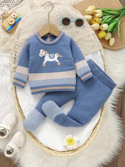 SHEIN 毛衣套装，可爱小马提花套头毛衣+新生儿连脚裤，2件套时尚休闲男婴针织套装，男婴小马毛衣套装，针织两件套，男婴两件套服装，男婴冬季服装，男婴秋季服装，男婴秋季套装