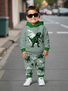 SHEIN 2 piezas Conjunto de sudadera con capucha de manga larga con estampado de dinosaurio, de corte holgado y estilo deportivo casual y cómodo, adecuado para otoño e invierno, ropa de dinosaurio para niños pequeños, conjunto de ropa verde para niños pequeños