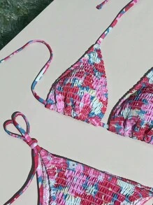 Summer Beach Floral Print Smocked Halter Triangle Bikini Set - Pink - View 3