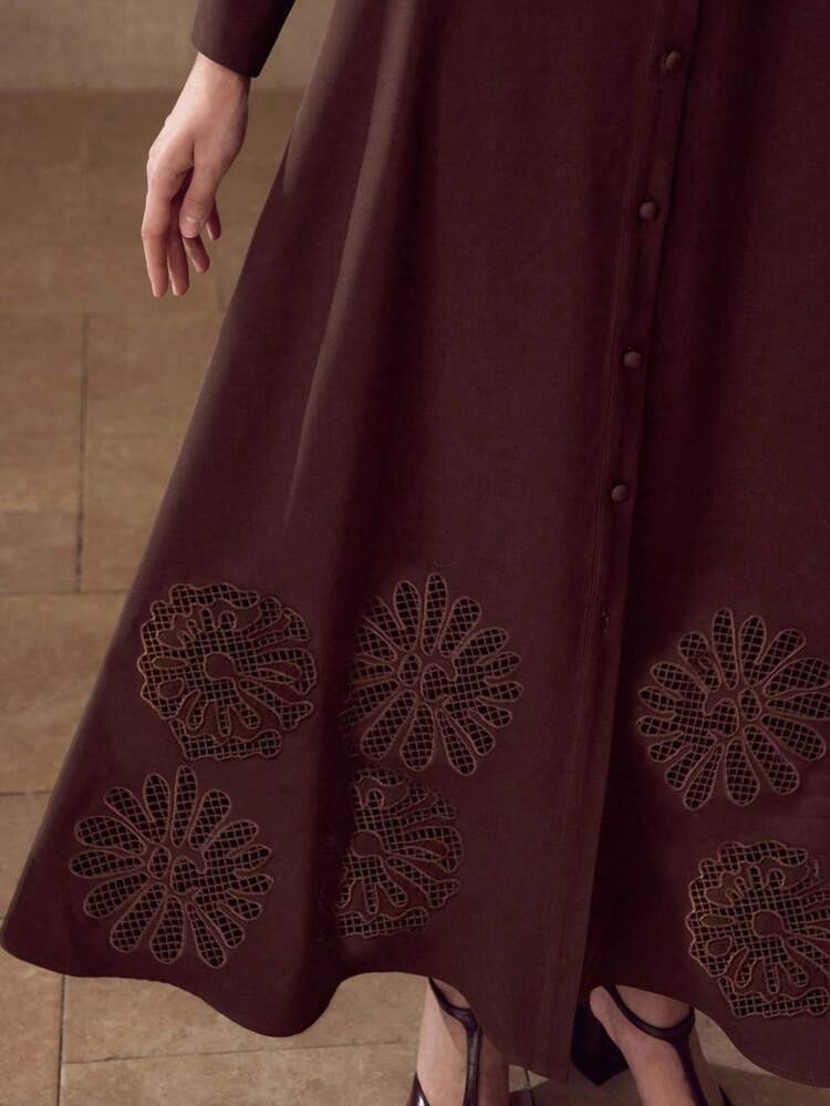 EMBROIDERY LASER CUT BELTED LONG SHIRT DRESS