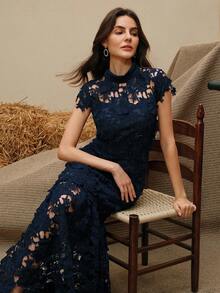 Anewsta Navy Blue Elegant Embellished Party Mermaid Hem Short Sleeve Dress