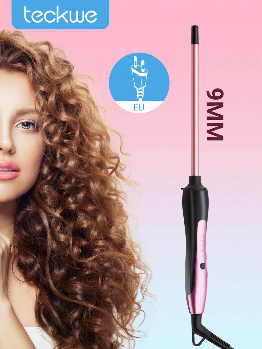 Teckwe 1pc 3/8" Thin Curling Iron, 9mm Mini Hair Curler, Ceramic Small Barrel Curling Iron With Adjustable Temperature, Fast Heating, Auto-Off, For Short & Long Hair, Rose Gold-EU Plug - EU C Type Plug(220-240V) - View 1