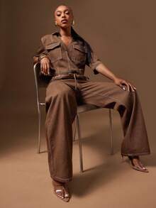 Denimoi 带盖口袋的休闲宽松短款抽象图案牛仔上衣 - 棕色 - 查看 2