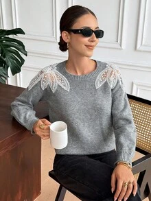 Serisse 女士刺绣薄纱圆领优雅套头毛衣，秋季女装，时尚秋装，优雅，商务休闲，外出上衣，教师装，返校季，欧式复古重工风，女士冬季毛衣，时尚秋装，休闲款 - 灰色 - 查看 4