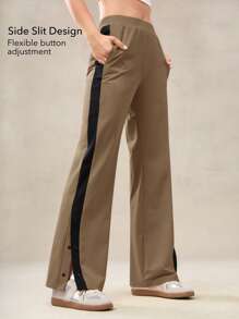 OutZeal Pantalon large à fente latérale avec blocs de couleurs stretch et toucher frais, pour un usage quotidien et décontracté pour femmes - Tabac - Voir 4