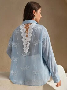 Anewsta Elegant Lace Patchwork Embroidery Striped Long Sleeve Shirt For Women, Hollow Back Design, Lightweight Sun Protection Top For Summer - Baby Blue - View 1