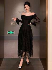 DAZY Đầm dài tay loe xếp nếp hở vai phối ren chắp vá cho nữ, mùa thu, mùa thu Quần áo nữ Đầm dài tay Đầm dạ hội Đầm thanh lịch cho nữ - màu đen - Xem 9