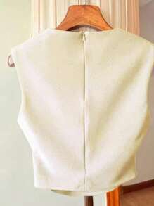 SHEIN 女式杏色纯色褶腰拉链后背方领无袖背心 - 杏色 - 查看 2